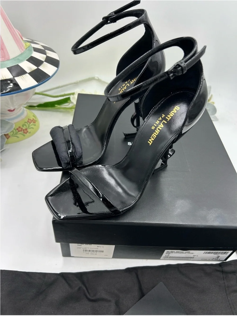 Saint Laurent YSL  Black Patent  Opyum Logo-Heel Ankle-Strap Sandals. Size 37.5